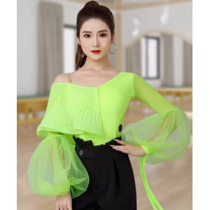 Black red neon green ballroom latin dance tops for women girls slant neck long lantern sleeved shirts waltz tango flamenco dancing bodysuit leotard tops